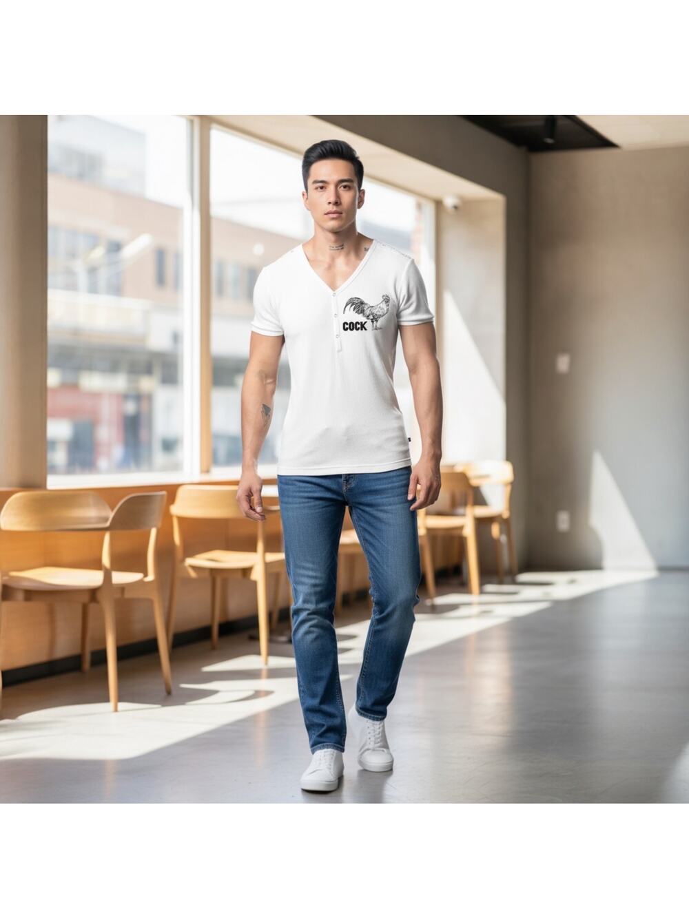 Andrew Christian Rooster Deep V-Neck Tee White Large